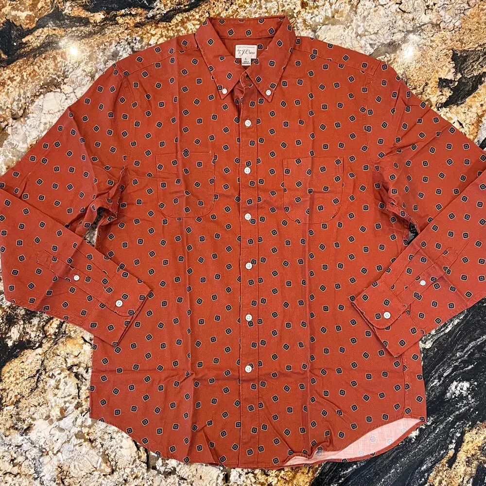 **NWT J. Crew Men's Square Flower Red/Rust Cotton-Wool Challis Shirt